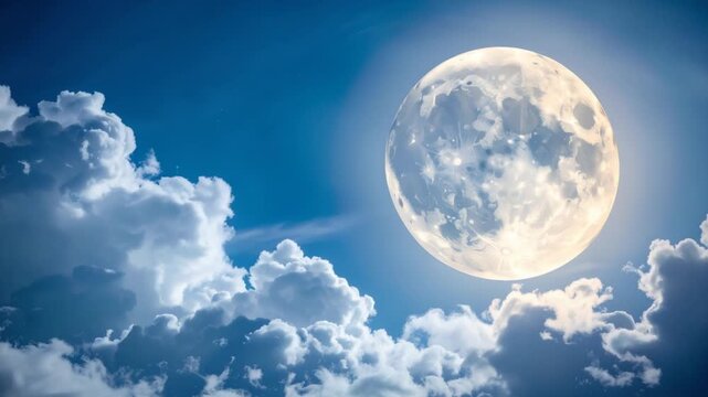 Bright full moon shining in a deep blue sky behind fluffy clouds