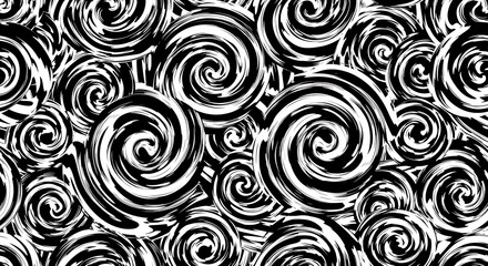 Monochrome hypnotic spirals seamless pattern, dynamic black and white twirls swirling for optical illusion, abstract