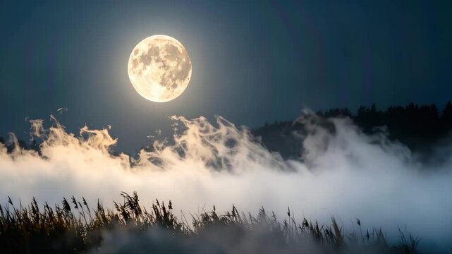 Dramatic full moon over a cloud filled landscape at night