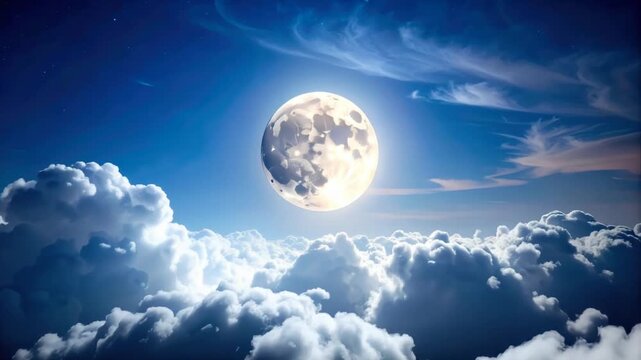 Full moon glowing brightly in a cloudy night sky