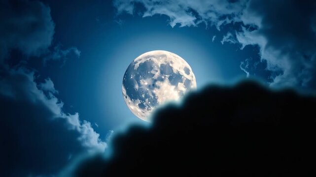 Full moon glowing brightly in dark blue night sky with surrounding clouds