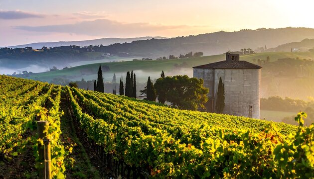 Vineyard landscape with building and hills under the morning sun.