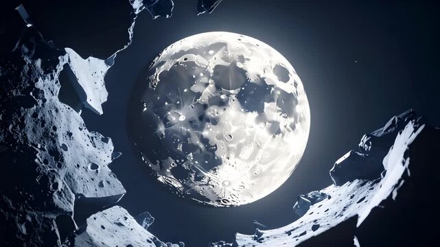 Full moon in dark space abstract composition with rock fragments