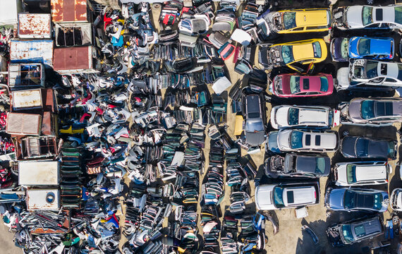 Aerial View of Automotive Salvage Yard with Damaged Cars