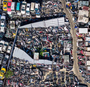 Aerial view of a massive car junkyard