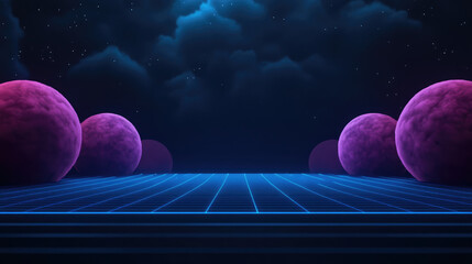 Futuristic landscape with glowing spheres and grid floor under starry sky