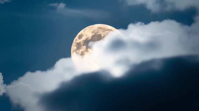 Luminous full moon glowing in the dark blue sky with clouds