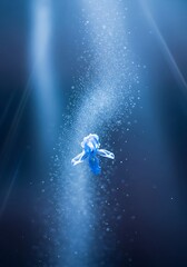 Underwater serenity: A blue flower ascends through shimmering light and ethereal bubbles, creating a dreamlike ambiance