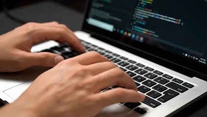 A close-up shot showing hands typing on a laptop, code on the screen