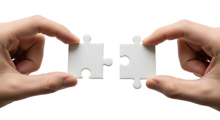 Two hands connecting matching jigsaw puzzle isolated.