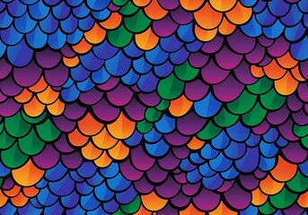 Vibrant color explosion of overlapping scale pattern in shades of blue, orange, and purple