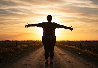 Fototapeta premium Fat Woman with Outstretched Arms on Rural Road at Sunset. Generative Ai