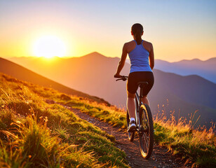 Young cyclist riding on a mountain trail at sunrise