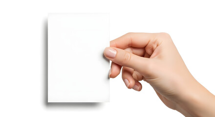 Obraz premium A female hand holding a blank white card or piece of paper against an isolated white background.