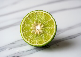 Vibrant halved lime showcases its juicy interior on a pristine marble surface backdrop
