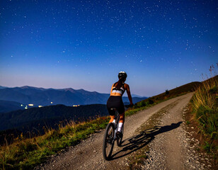 Young cyclist riding on a mountain trail at starry night