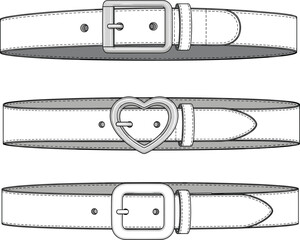 Fashion belt flat sketch, vector illustration, stylish waist accessory design, leather strap with buckle detail