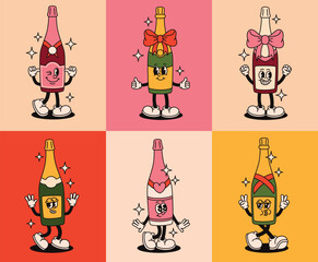 Set of groovy celebration bottle characters. Flat vector illustration.