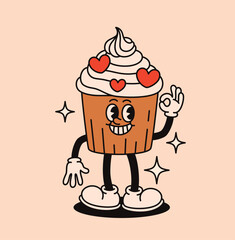 Groovy cupcake character with whipped cream in retro style. Flat vector illustration.