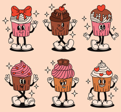 Set of groovy cupcake characters. Flat vector illustration.