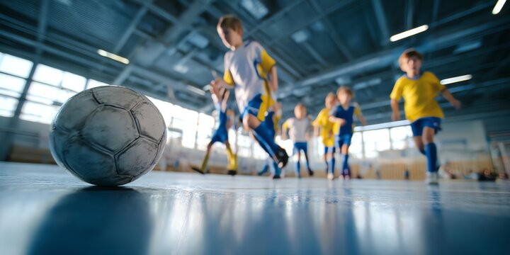 Young boys playing soccer indoors, showcasing teamwork and energy in a dynamic sports environment.