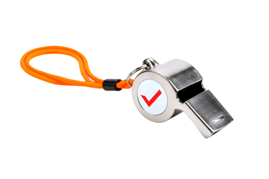 Silver metal sports whistle with orange lanyard and red check mark isolated on transparent background