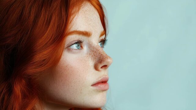 Young woman with red hair looking sideways, fair skin and freckles Side profile against plain background