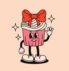 Groovy cupcake character with a bow in retro style. Flat vector illustration.