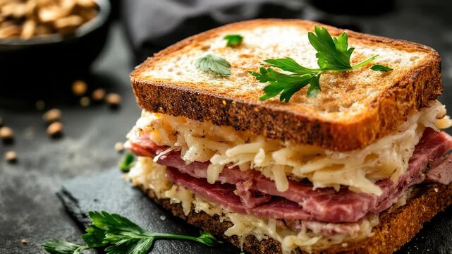Gourmet sandwich with corned beef, cheese, and herbs