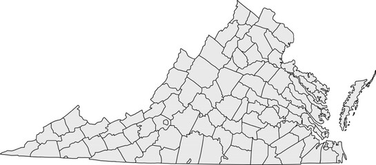 Detailed gray vector map of the Commonwealth of Virginia, featuring all administrative County and Independent City divisions with their internal borders.

