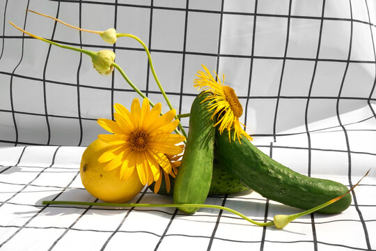 Still life of Fruits, Veggies and Flowers on Grid-Patterned Tablecloth