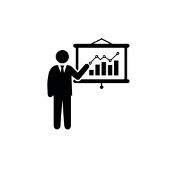 Businessman silhouette presenting a financial growth chart icon.