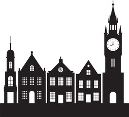 Fototapeta premium Black silhouette of European style buildings with a clock tower against a white background architecture
