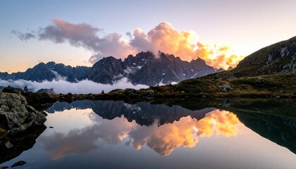 Scenic Mountain Reflection at Sunset with Cloudy Sky and Vivid Colors in Mountain Range