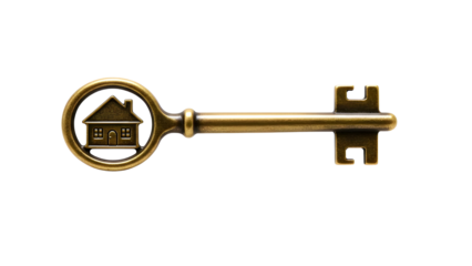 Antique brass key with house symbol in bow isolated on transparent background
