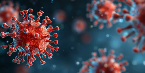 Fototapeta premium Detailed 3D render of red coronavirus with blue background, showcasing its intricate structure and spikes, evokes sense of urgency and awareness