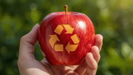 Sustainable Food Practices Represented by a Hand Holding a Red Apple with a Recycling Symbol Carved into It Surrounded by Lush Green Foliage Illustrating Environmental Consciousness
