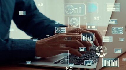 Businessman uses capable laptop computer to analyse business data analytic for marketing strategy and customer relationship management - Powered by Adobe