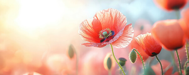Bright Red Poppies Bloom Field