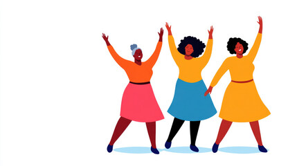 Empowered women celebrating together in colorful dresses, expressing joy and unity. Their vibrant outfits and raised arms symbolize confidence and camaraderie