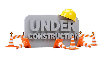 3d rendered under construction sign with safety cones and barriers isolated on transparent background