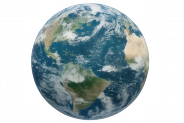 Earth globe showing continents and oceans, rotating in space, concept of global connection and environment, transparent background