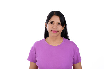 Woman wearing a purple T-shirt isolated on a white background with a slight smile