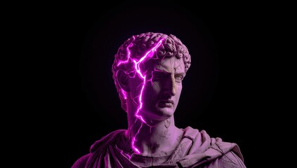 Ancient Roman bust illuminated by striking neon purple lightning cracks creating a surreal blend of classical art and futuristic energy in a dark void