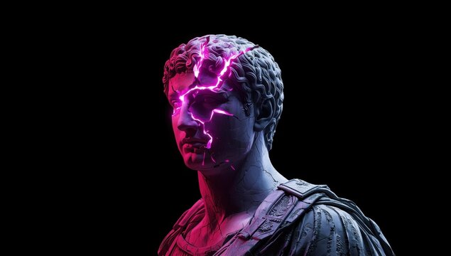 A classic Greco-Roman statue bust, cracked with glowing pink energy and eyes, on a black background, symbolizing the corruption or modernization of history and art.