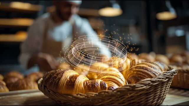 Baker arranging croissants in bakery, floating holographic bread loaf icon above basket
