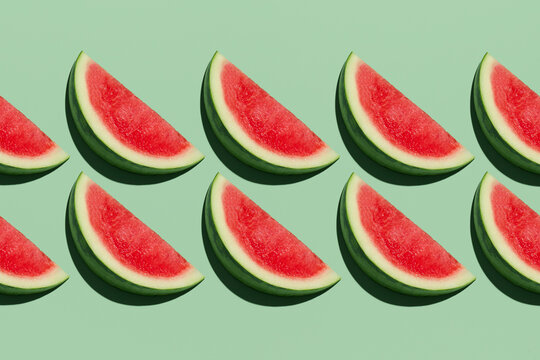 Fresh watermelon slices in a repeating pattern on a green background