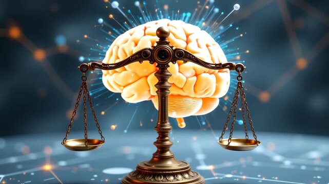 Cognitive Equilibrium: A visual metaphor, a brain rests on scales, symbolizing the delicate balance of thought and judgment, with a neural network background. 