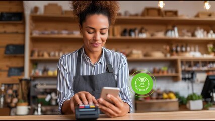 Woman paying with smartphone in store, floating contactless payment icon overlay - Powered by Adobe
