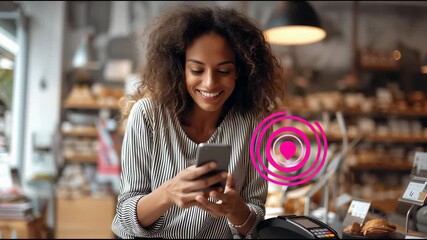 Woman paying with smartphone in store, floating contactless payment icon overlay - Powered by Adobe